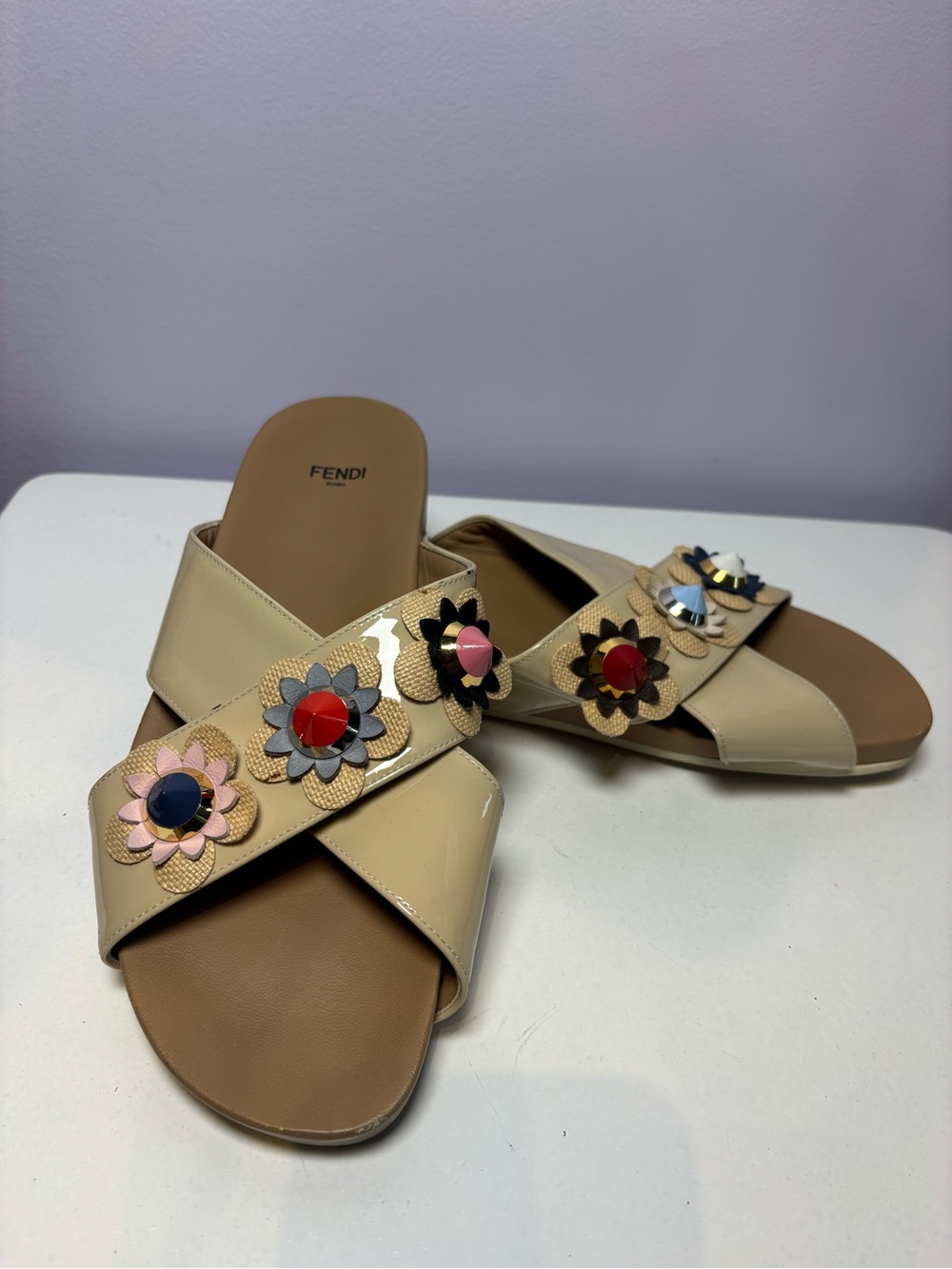 Fendi Beige Patent Leather Slide Sandals with Multicolor Floral Studs